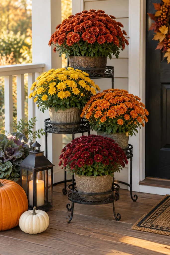 Tiered metal plant stand displaying several potted mums