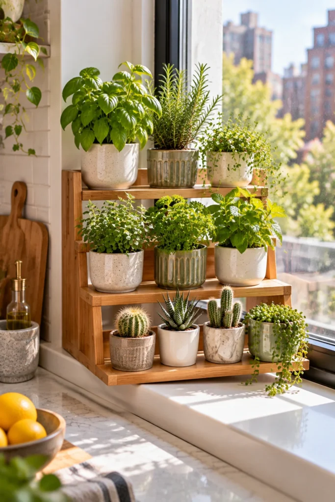  Indoor Window Planter Three-tier stair-step stand with herbs and mini cacti on a narrow windowsill