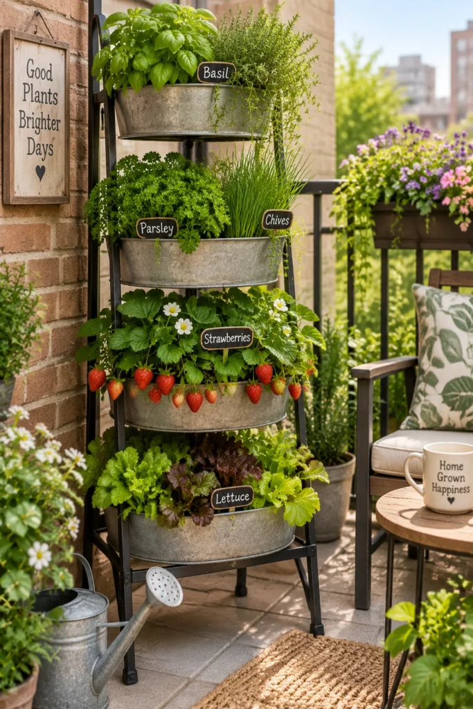 Tiered vertical planter stand filled with herbs and strawberries on a small patio