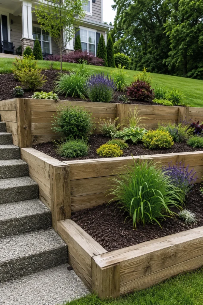Timber retaining wall terraces built into a sloped front yard