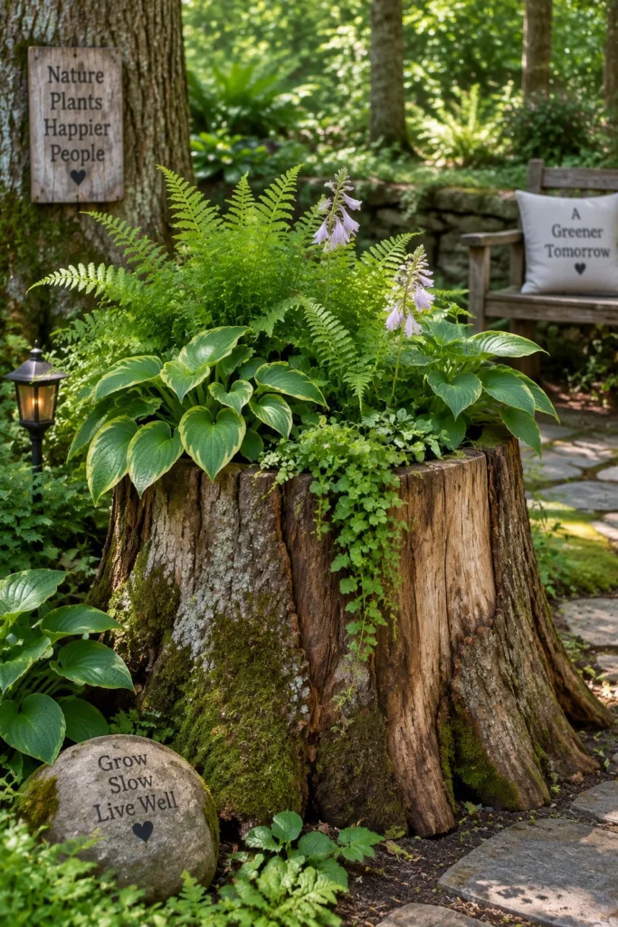 Hollowed out tree stump repurposed as a planter filled with ferns