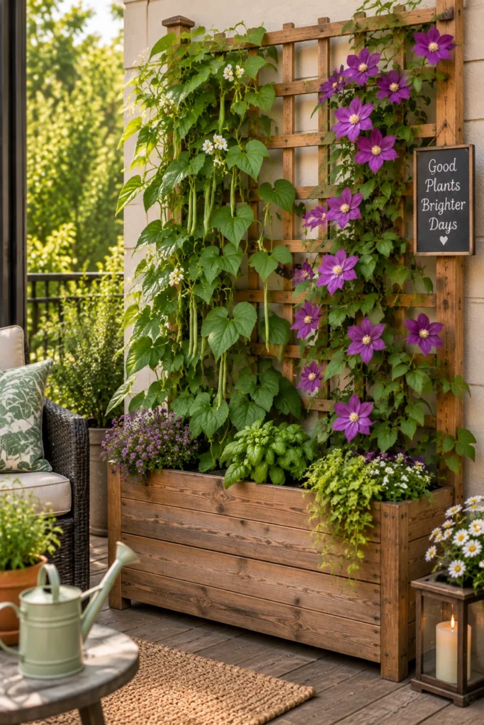 Planter box with built in trellis growing climbing beans and clematis