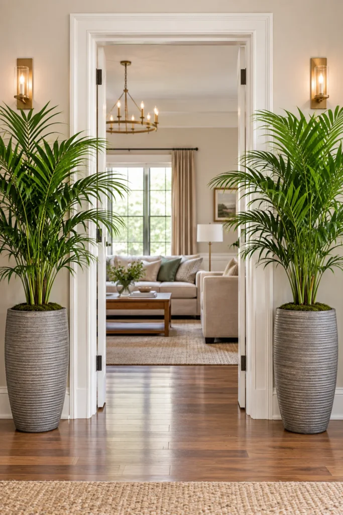 Pair of tall planters with kentia palms framing an interior doorway