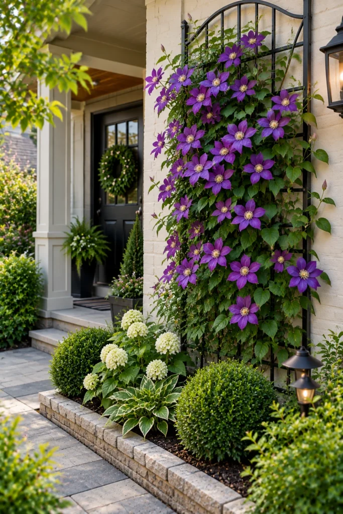 Vertical trellis with climbing plants in a small front yard