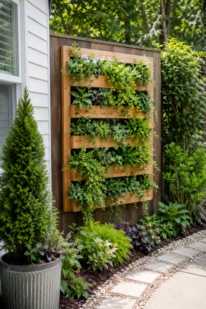 Vertical planter wall on a small front yard fence