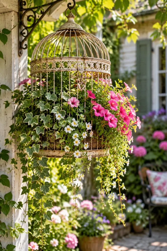 Vintage decorative birdcage repurposed as a trailing vine planter