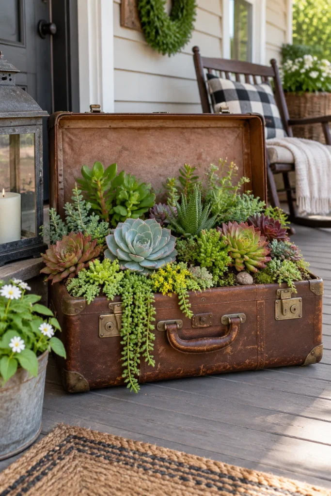 Vintage suitcase repurposed as a planter with succulents on a covered porch