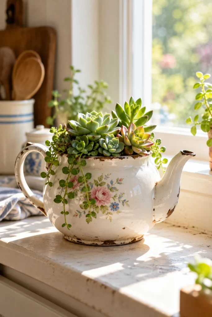 Vintage ceramic teapot planted with small succulents on a windowsill