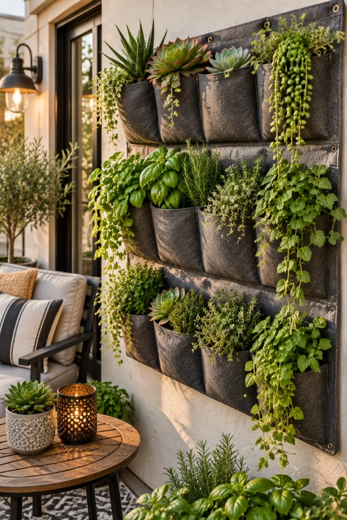 Wall mounted felt pocket planters filled with succulents and trailing herbs
