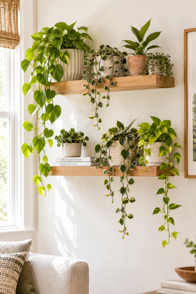 Wall-mounted wooden shelf planters with trailing philodendron and hoya