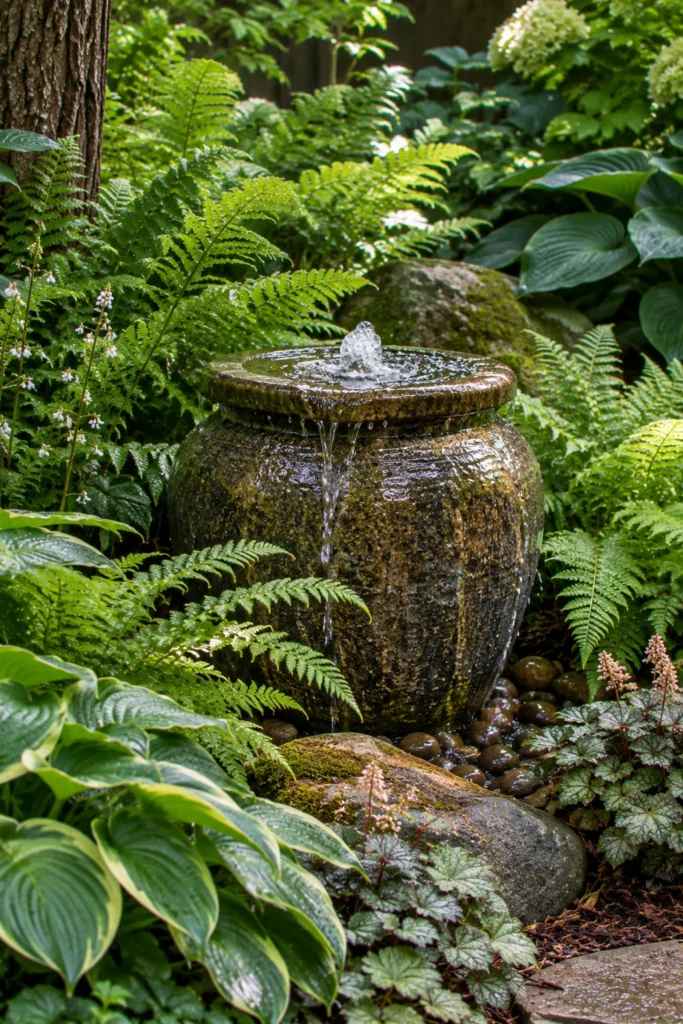Small bubbling water feature in a full shade garden bed