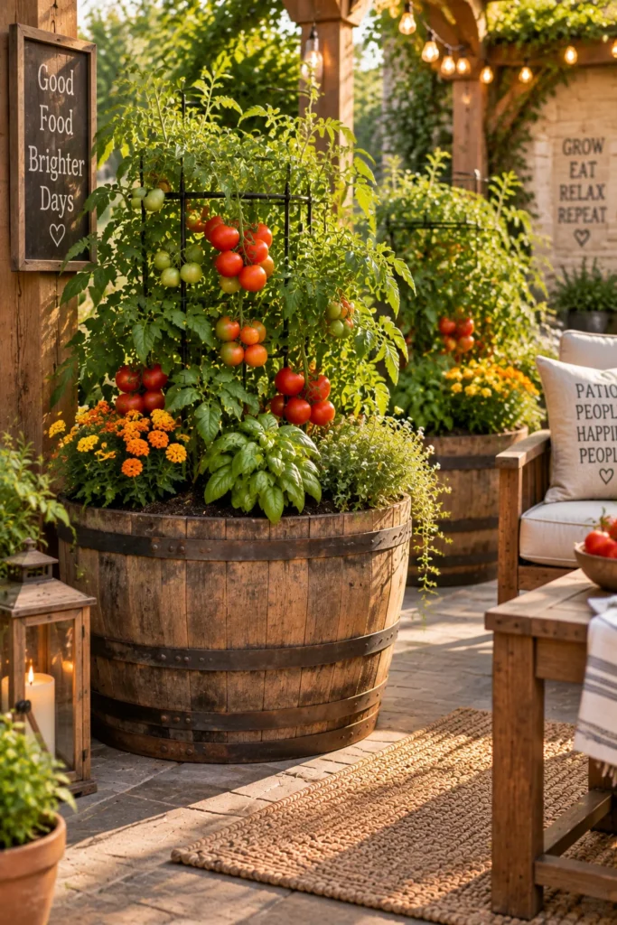 Half whiskey barrel planter growing tomatoes on a patio