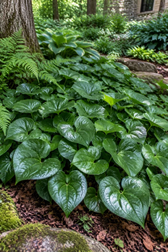 Wild ginger heart-shaped leaves in a full shade garden bed