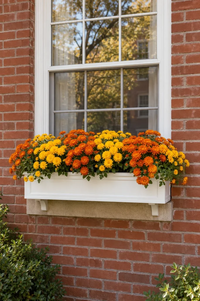 Window box filled with mums on an apartment building