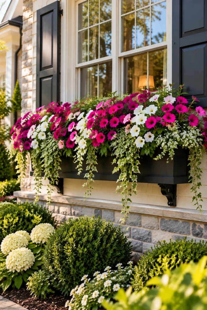Window box planter overflowing with trailing petunias on a house facade