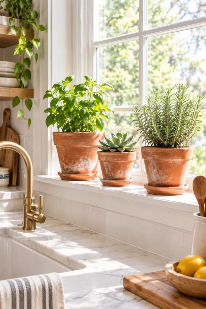 Three terracotta pots with succulents and herbs lined up on a sunny windowsill