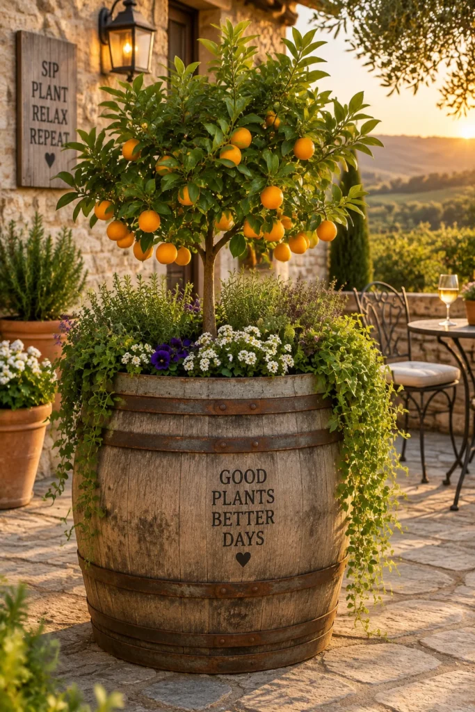Wooden wine barrel planter holding a dwarf tree on a patio