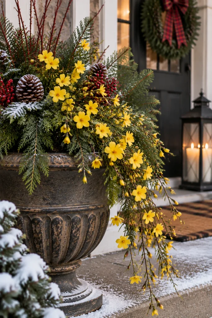 Yellow winter jasmine branches in a front porch planter