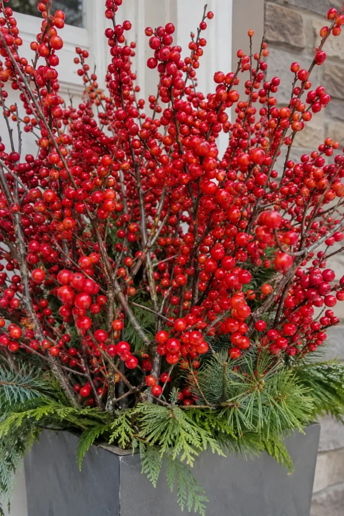 Bright red winterberry holly branches in a planter