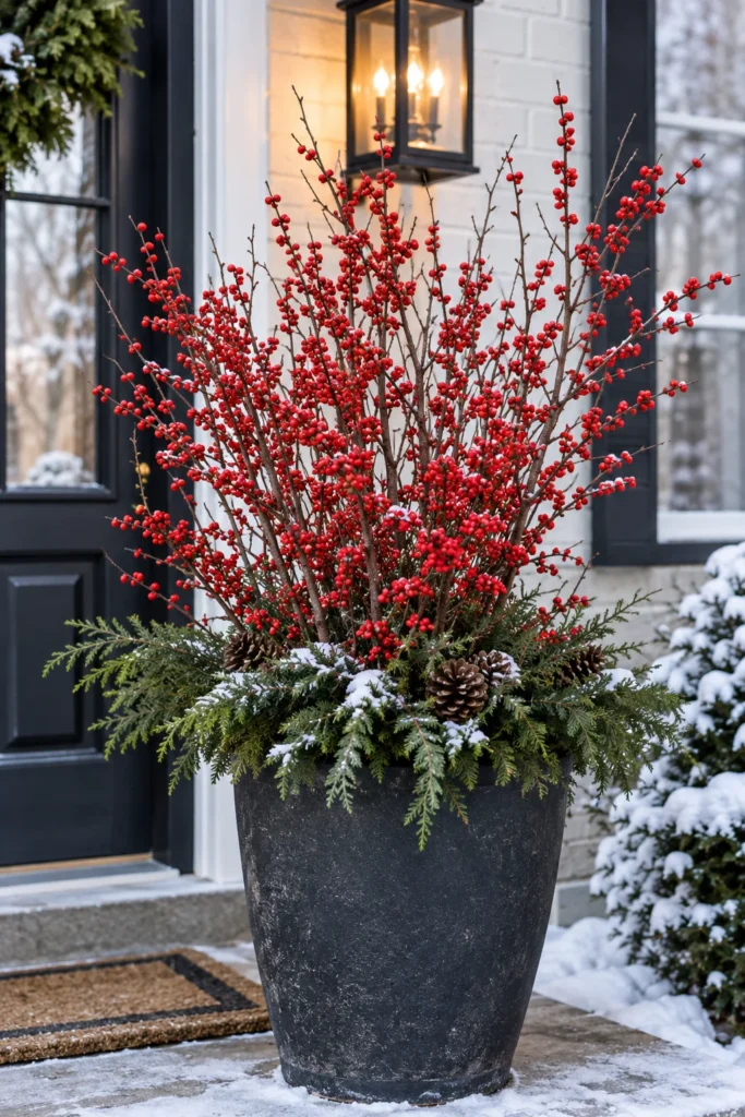 Winterberry holly branches with red berries in a porch planter