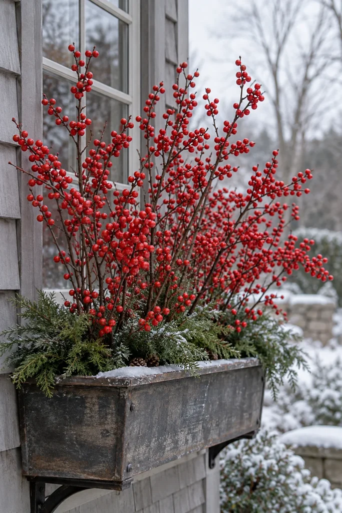 Clusters of winterberry holly stems in a natural window box display