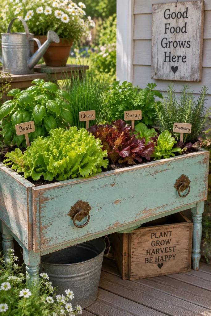 Old wooden dresser drawer turned into a shallow planter filled with herbs