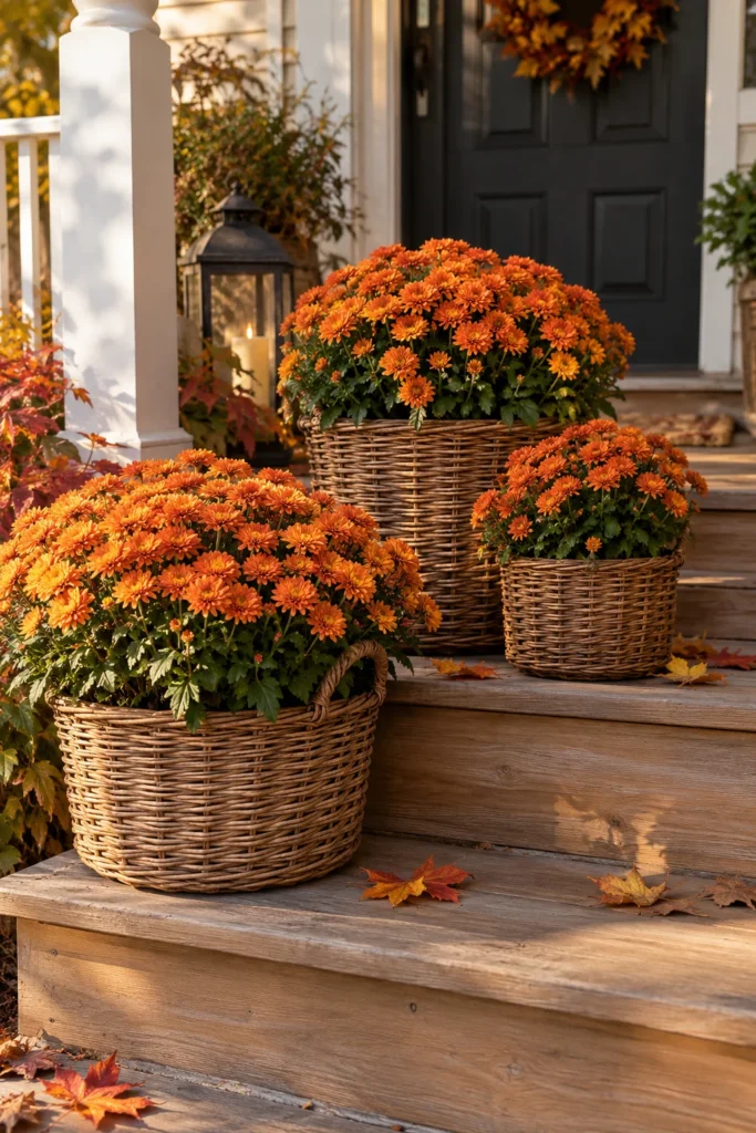 Woven baskets planted with mums on a porch step