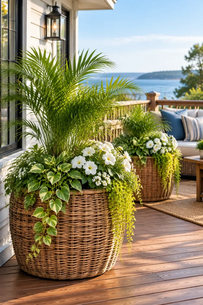 Rattan planter with greenery on a wood deck