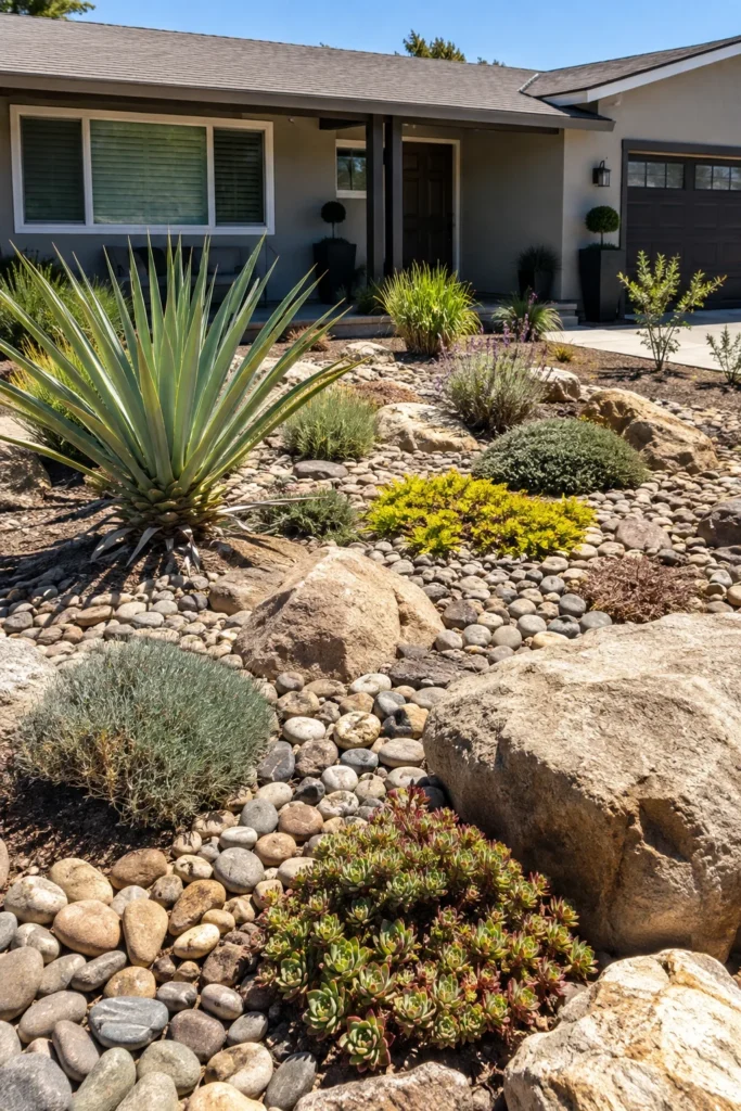 Drought tolerant rock garden xeriscape bed in a front yard