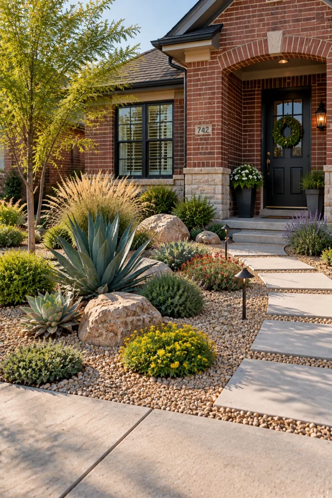 Xeriscaped small front yard with gravel and drought tolerant plants