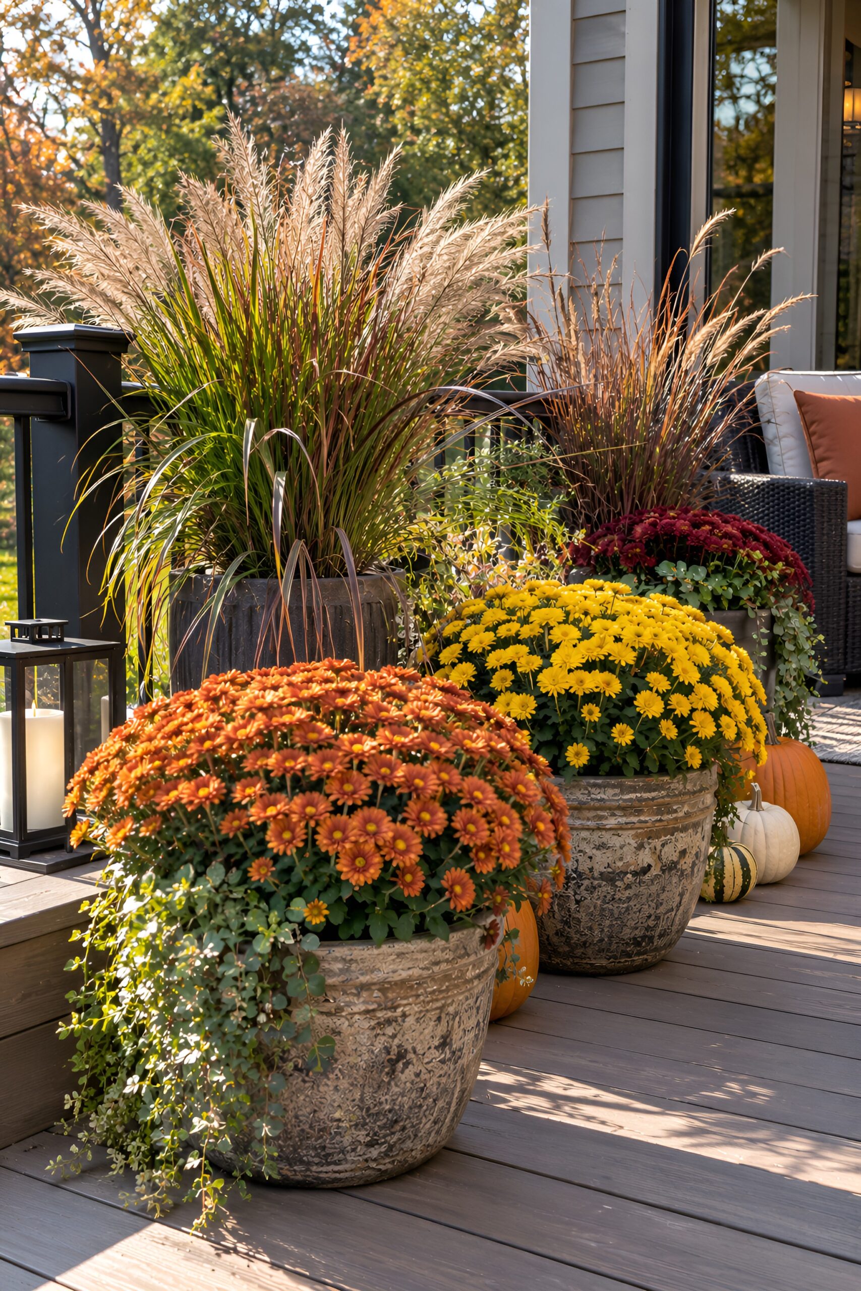 Fall mums and ornamental grasses in a deck planter