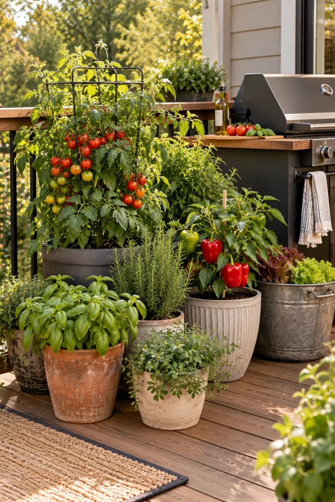 Herb and vegetable containers near a deck grill