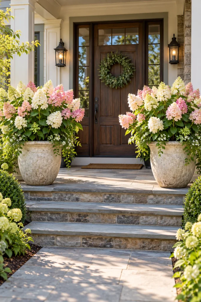 Oversized pots of compact panicle hydrangeas in bloom beside porch steps