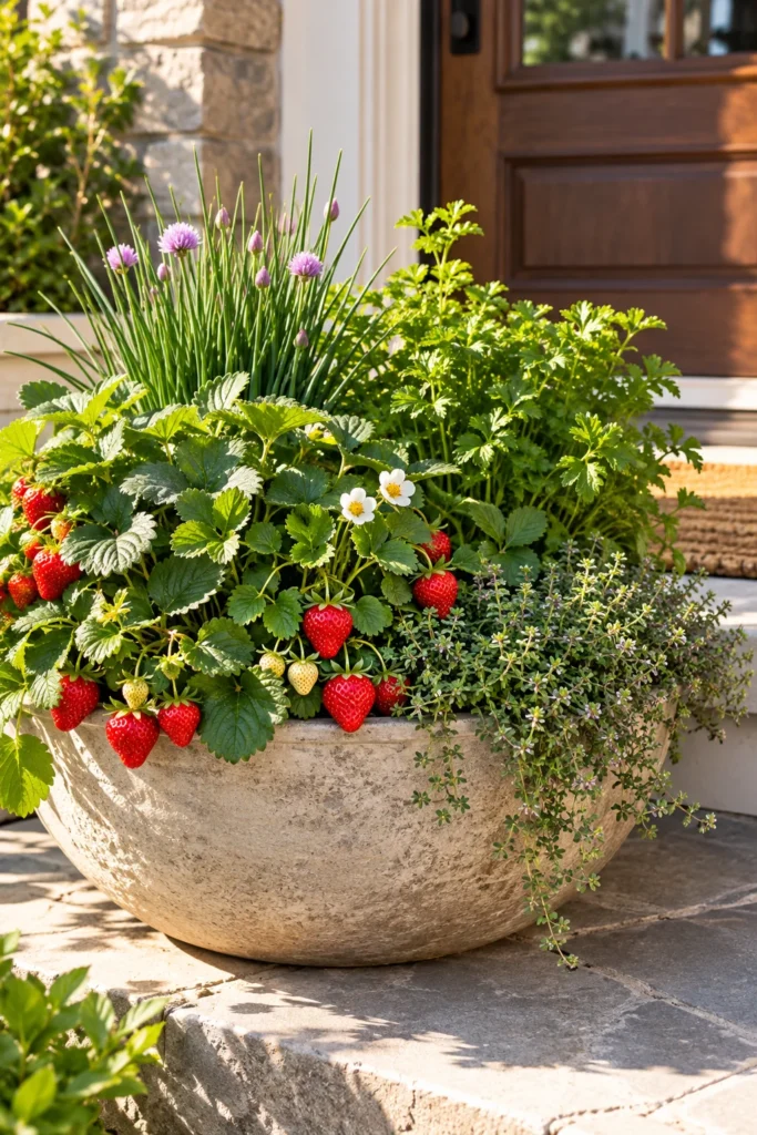 Shallow pot of strawberries, thyme, chives, and parsley beside a sunny front step