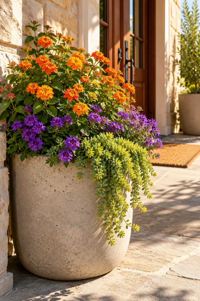 Concrete pot of lantana, verbena, and sedum thriving in hot afternoon sun by an entry