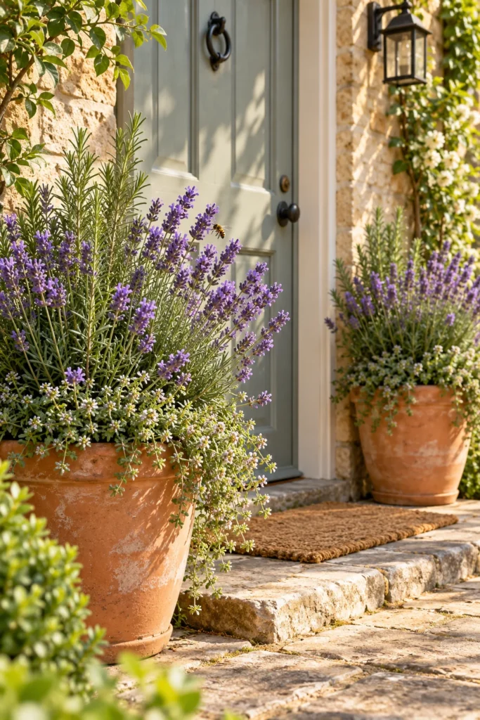 Terracotta pots of lavender, rosemary, and thyme beside a cottage entry