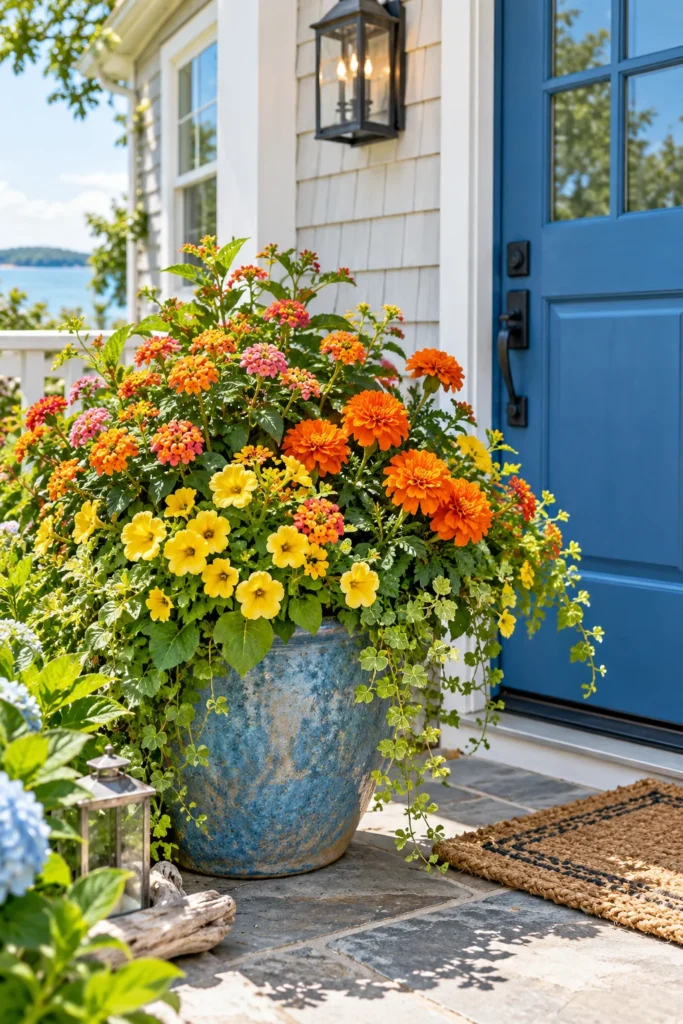 Lantana, yellow calibrachoa, and orange marigolds in a planter beside a blue door
